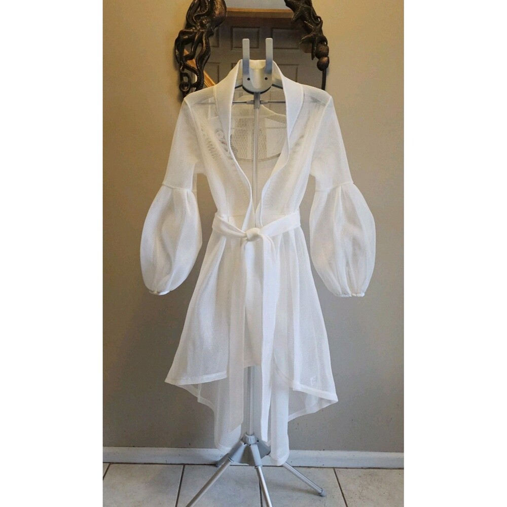 CQ by CQ White Mesh Hi Lo Jacket Womens L Sheer Belted Balloon Sleeve Statement